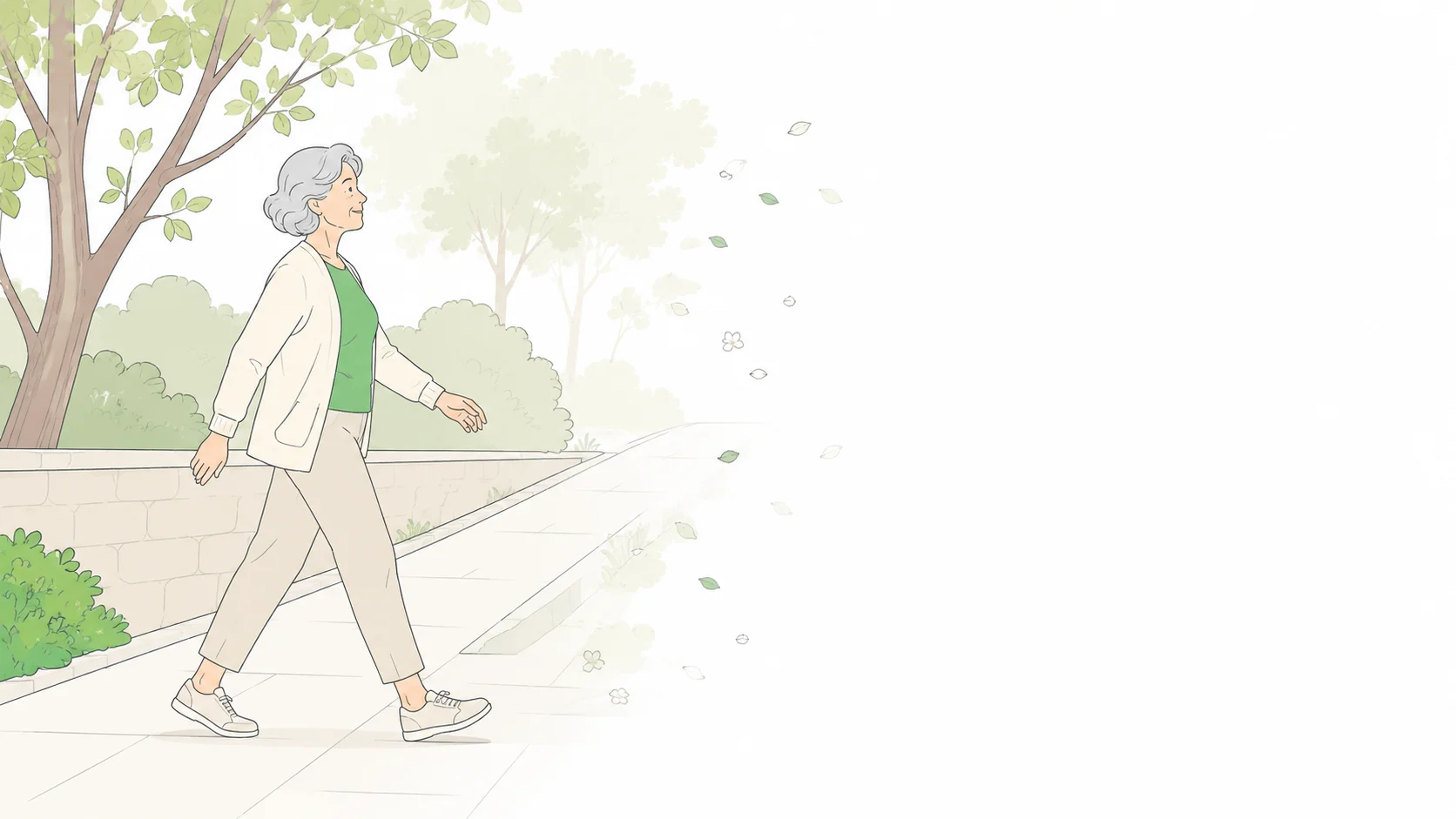 Ilustração de senhora idosa caminhando por uma calçada arborizada ao amanhecer