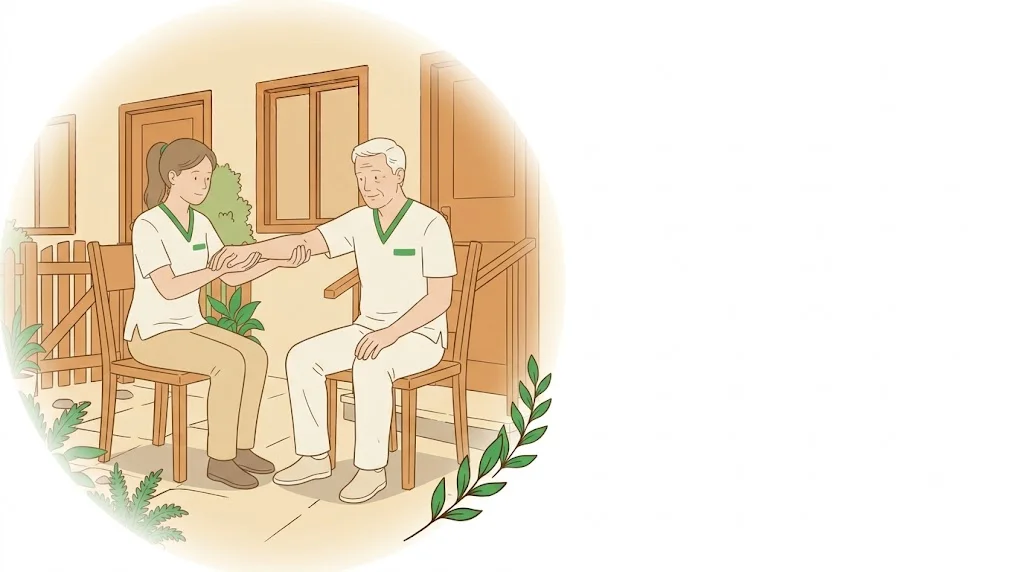 Fisioterapeuta apoiando o bra&ccedil;o de um homem idoso durante exerc&iacute;cio sentado no quarto