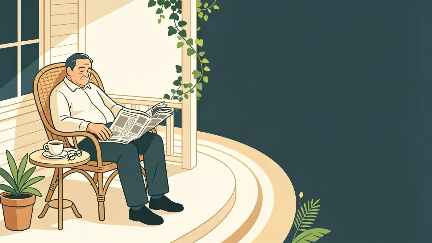 Ilustração de senhor idoso adormecido na cadeira da varanda no meio da tarde, com o jornal escorregando do colo e a xícara de café intocada na mesinha ao lado