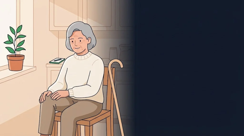 Ilustração de senhora idosa sentada flexionando o joelho com as mãos sobre a articulação