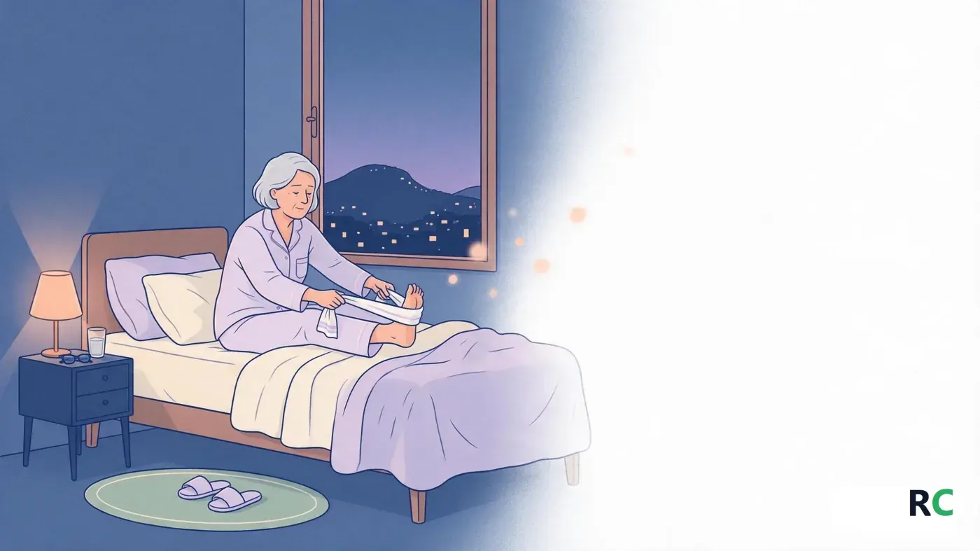 Ilustração de senhora idosa sentada na cama à noite, puxando a ponta do pé com uma toalha passada na sola, ao lado do criado-mudo com abajur aceso e copo de água
