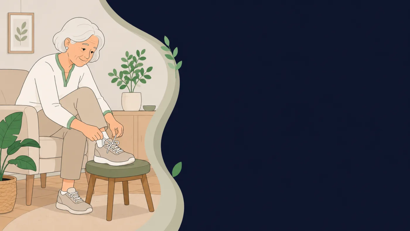 Ilustração de senhora idosa sentada amarrando o calçado com o pé apoiado em um banquinho
