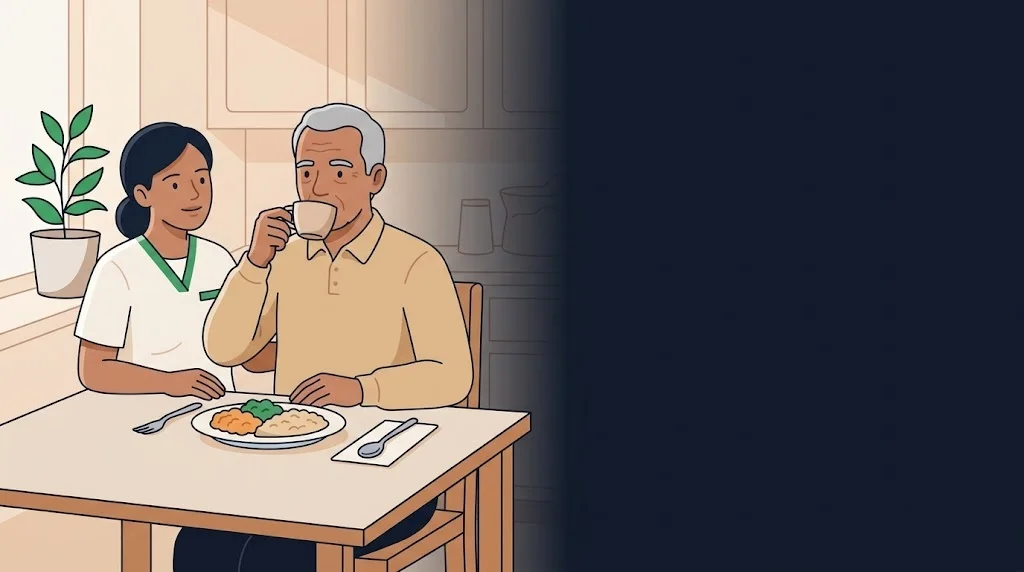 Ilustração de senhor idoso sentado à mesa bebendo de um copo com apoio de cuidadora