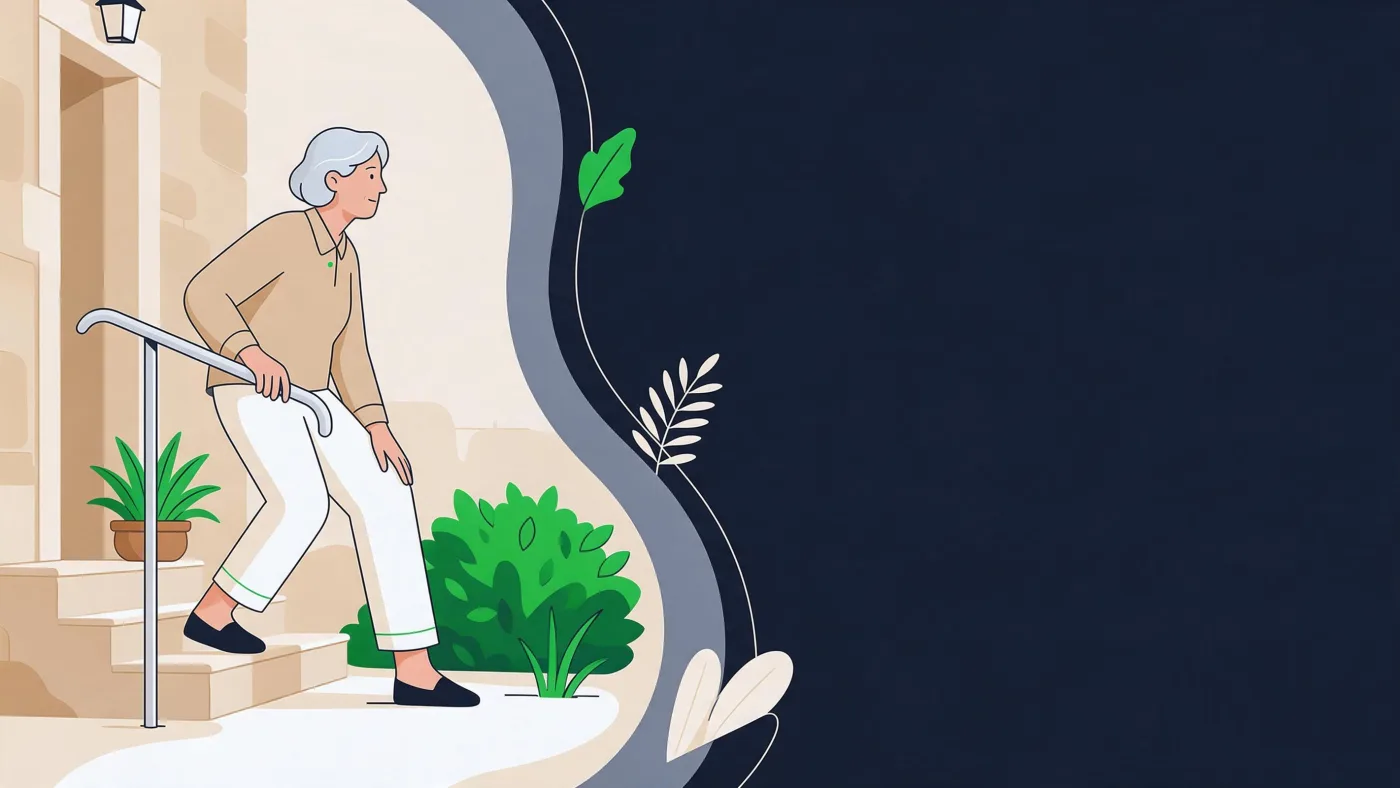 Ilustração de senhora idosa segurando o joelho ao descer um degrau, com o corpo apoiado no corrimão