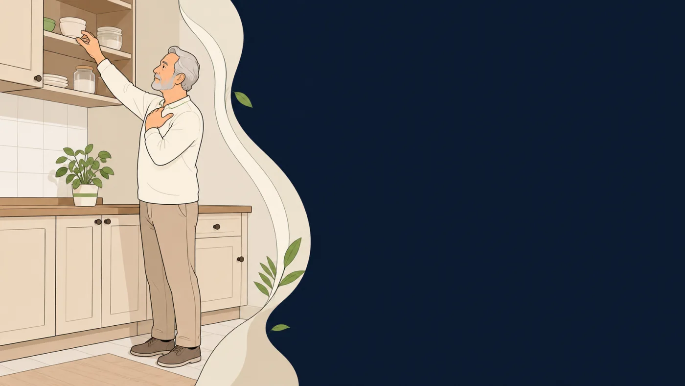Ilustração de senhor idoso levando a mão ao ombro dolorido ao tentar levantar o braço