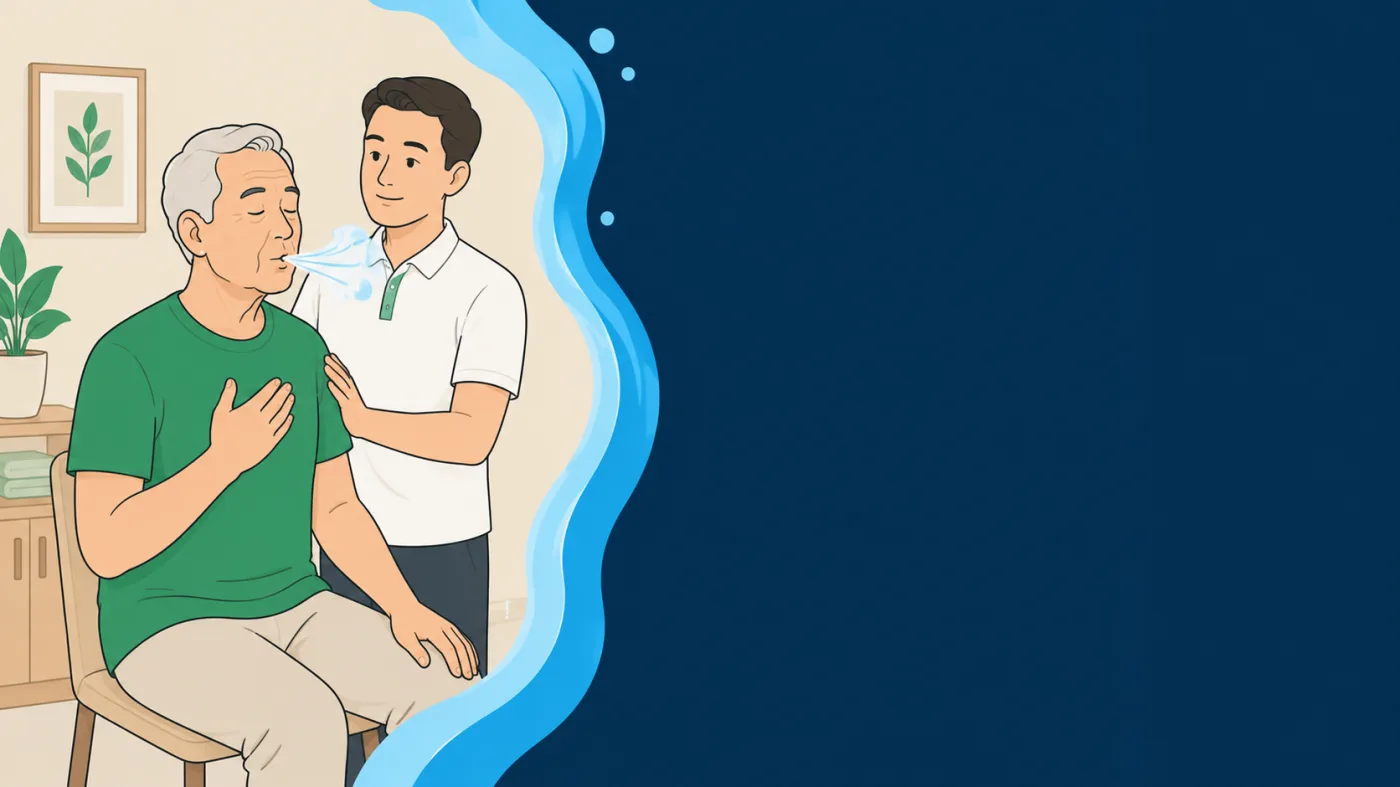 Ilustração de idoso sentado praticando respiração com apoio do fisioterapeuta
