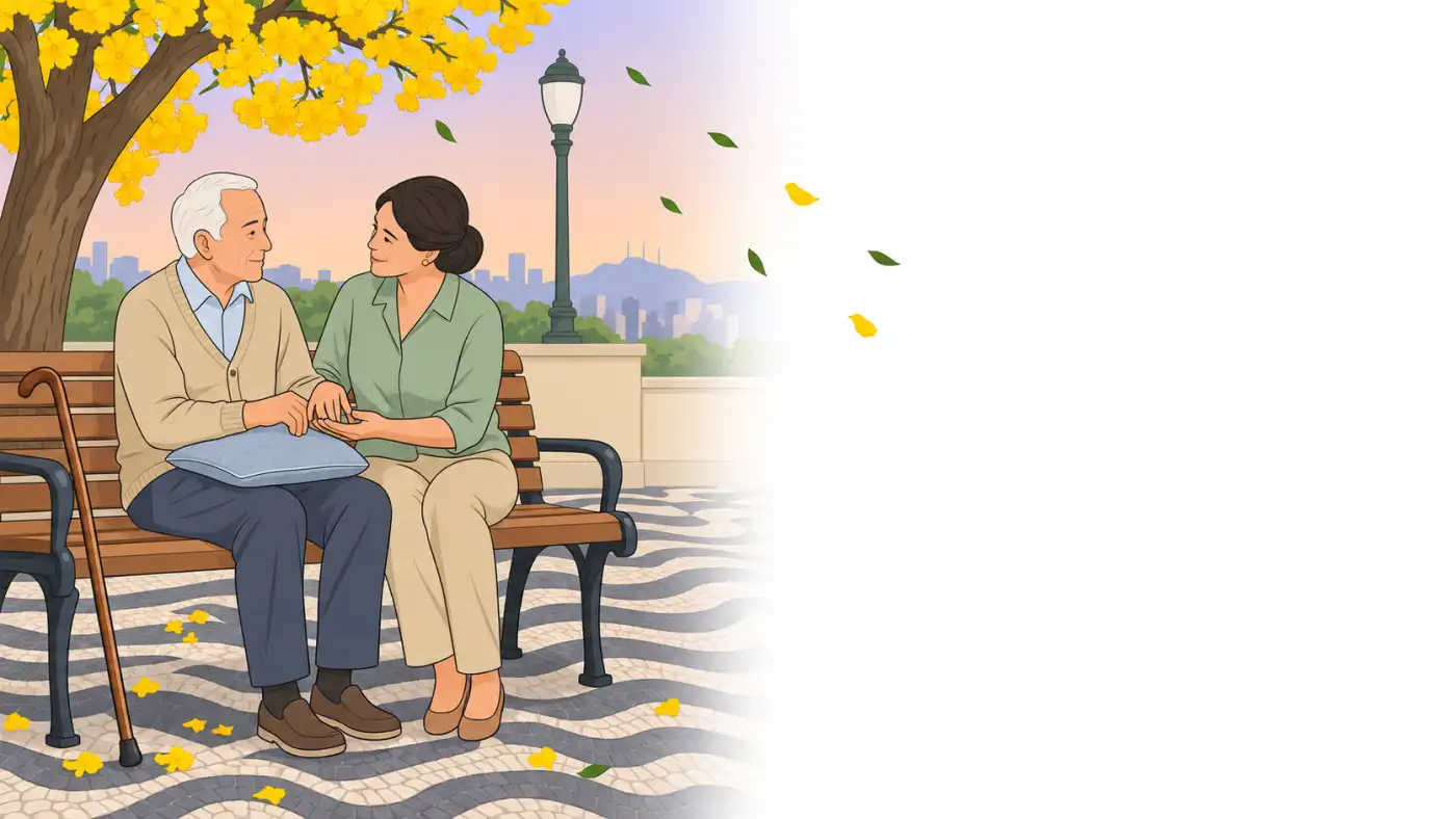 Ilustração de senhor sentado num banco de praça, com o braço afetado pelo AVC apoiado numa almofada sobre o colo e a mão segura pela filha, sob um ipê amarelo
