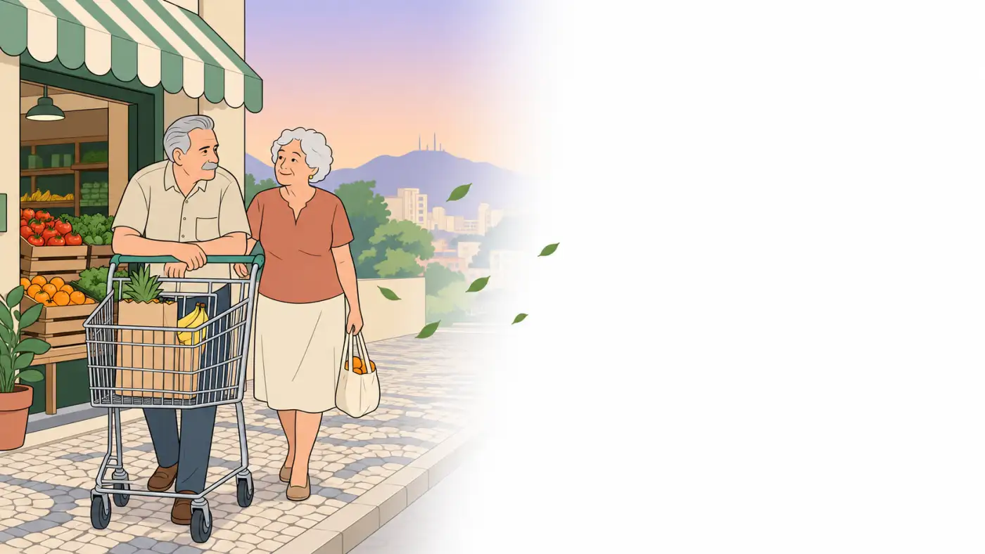 Ilustração de senhor na calçada em frente a um sacolão de bairro, inclinado para a frente com os antebraços apoiados na alça de um carrinho de compras, ao lado da esposa que segura uma sacola de frutas