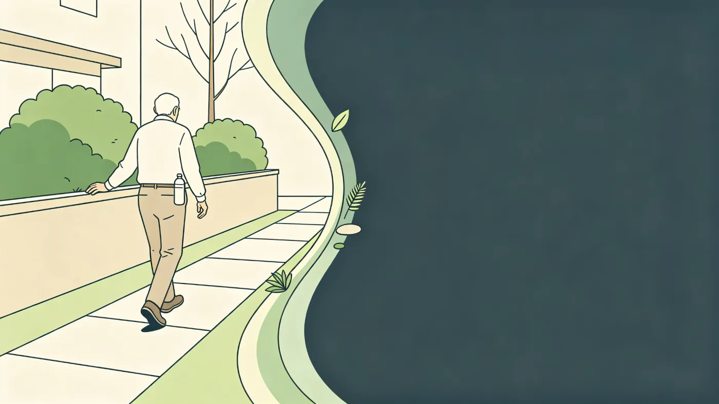 Ilustração de idoso caminhando pela calçada do bairro depois do almoço, com o glicosímetro guardado no bolso