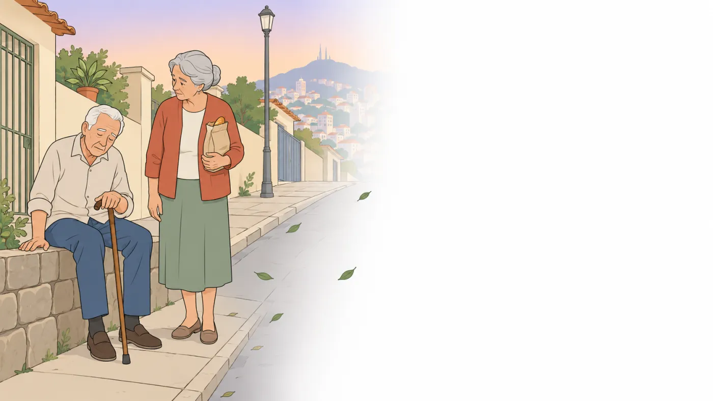 Ilustração de senhor idoso sentado num muro baixo no meio de uma rua em ladeira, com a bengala apoiada no joelho e os olhos fechados de cansaço, enquanto a esposa, de pé ao lado com a sacola do pão, espera ele recuperar o fôlego