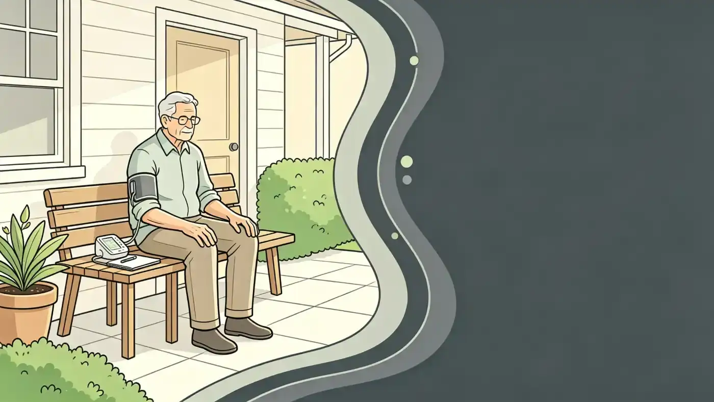 Ilustração de senhor idoso sentado tendo a pressão arterial medida em casa