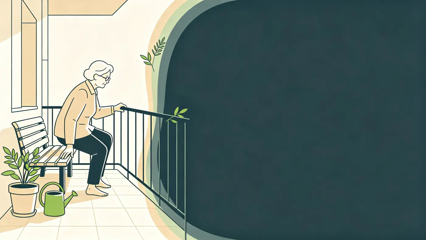 Ilustração de idosa levantando de um banco na varanda pela manhã, com uma das mãos no corrimão e a outra apoiada no assento