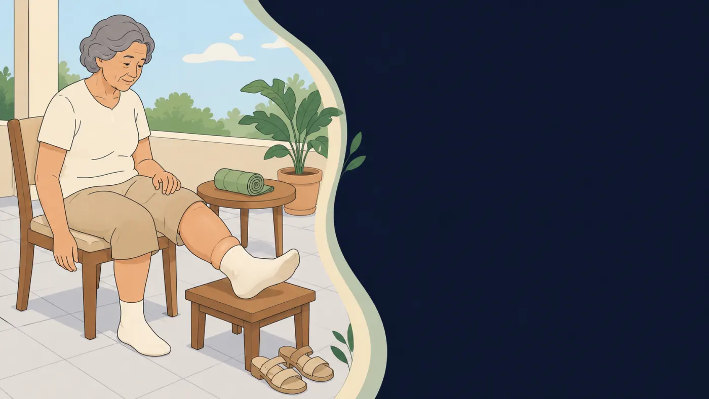 Ilustração de senhora idosa sentada em cadeira na varanda ao fim da tarde, com um pé apoiado num banquinho baixo, o tornozelo visivelmente mais grosso e a meia de compressão enrolada sobre a mesinha ao lado
