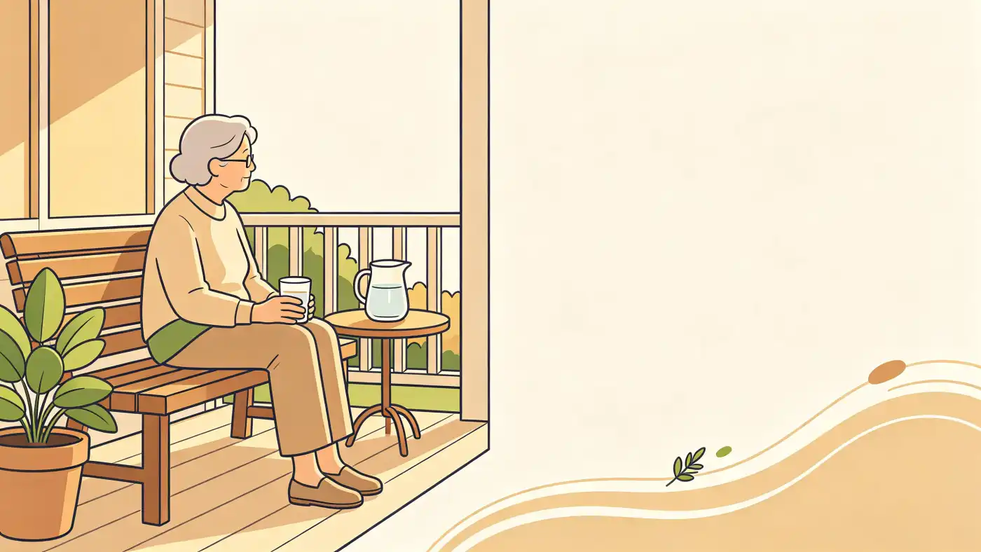 Ilustração de idosa sentada num banco de varanda com um copo de água na mão e uma jarra cheia na mesinha ao lado