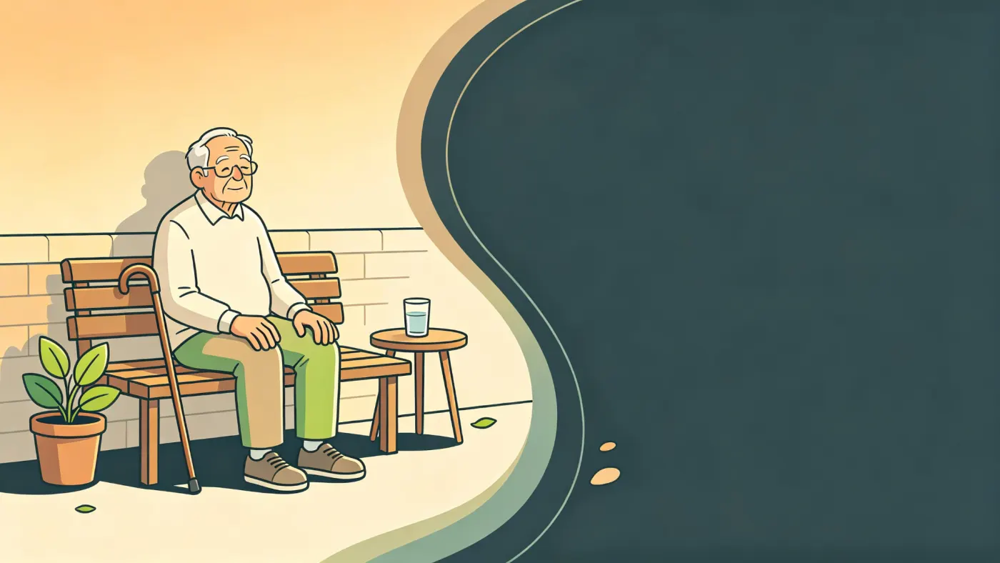 Ilustração de senhor idoso sentado em um banco no jardim da casa, com a bengala apoiada ao lado e um copo de água na mesinha
