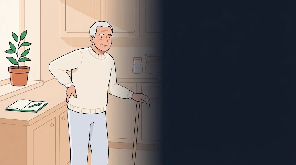 Ilustração de senhor idoso em pé alongando a lombar apoiado na bancada da cozinha