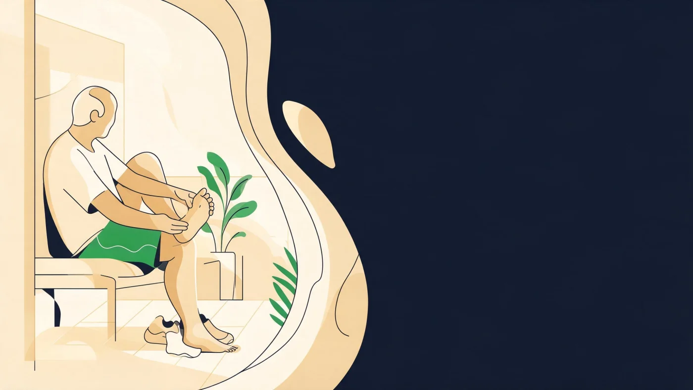 Ilustração de idoso sentado na beira da cama massageando o pé descalço