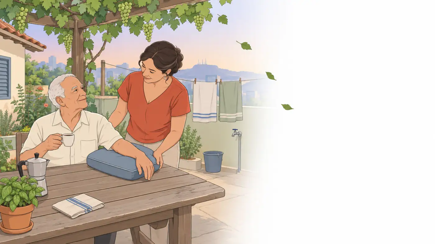 Ilustração de senhor idoso sentado à mesa de madeira do quintal dos fundos, sob uma parreira, com o braço afetado apoiado sobre uma almofada em cima da mesa e a mão aberta, enquanto a filha, de pé ao lado, ajeita a almofada sob o cotovelo dele