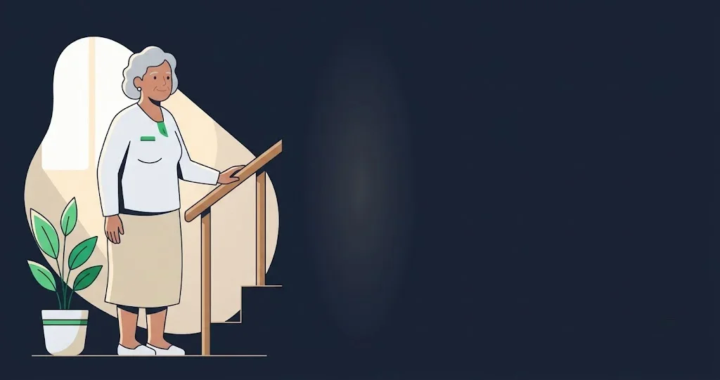Ilustração de senhora idosa apoiada em corrimão dentro de casa