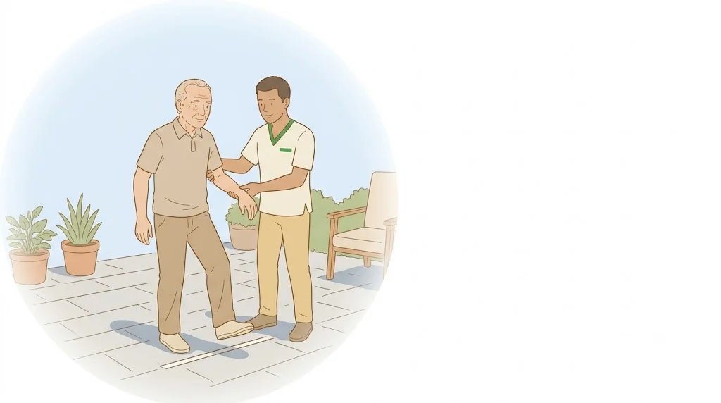 Homem idoso dando um passo amplo com o fisioterapeuta ao lado