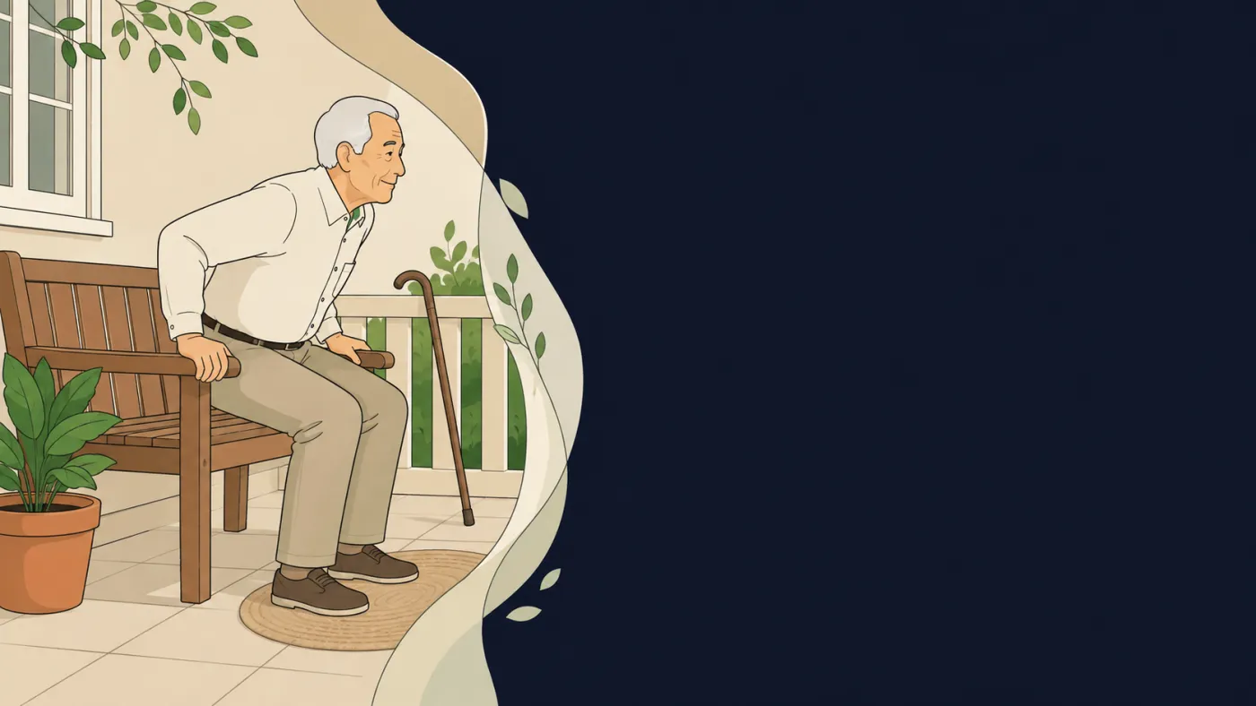 Ilustração de idoso na varanda apoiando as mãos no banco de madeira para se levantar