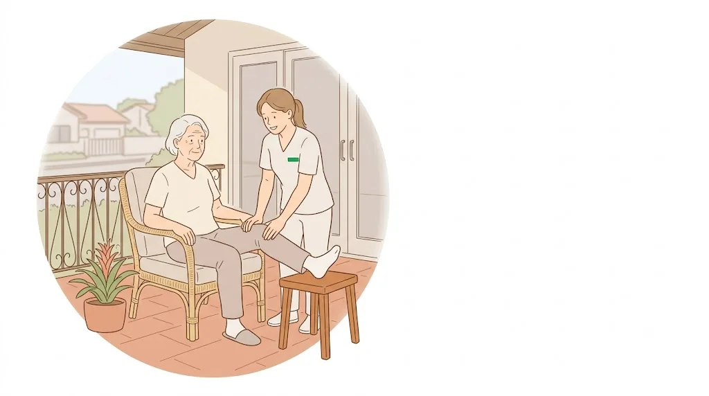 Mulher idosa sentada com a perna estendida e as m&atilde;os da fisioterapeuta apoiando o joelho