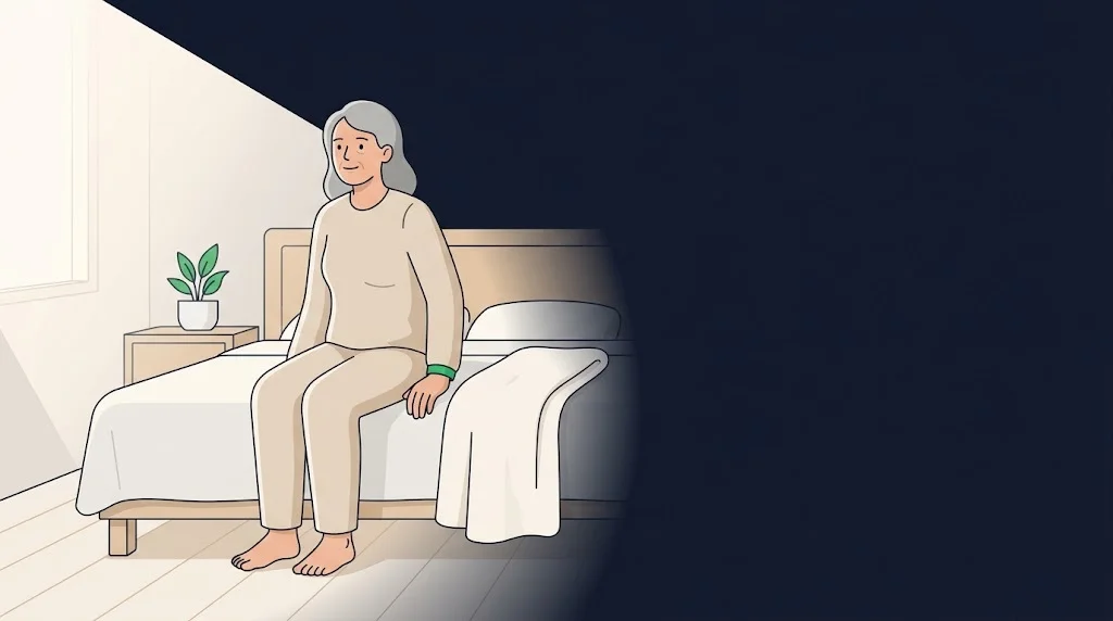 Ilustração de pessoa idosa sentada na beira da cama ao levantar pela manhã