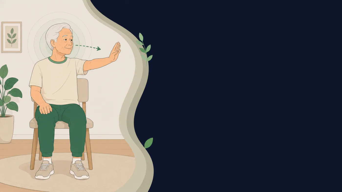 Ilustração de senhor idoso sentado fazendo exercício lento de rotação da cabeça com apoio do fisioterapeuta