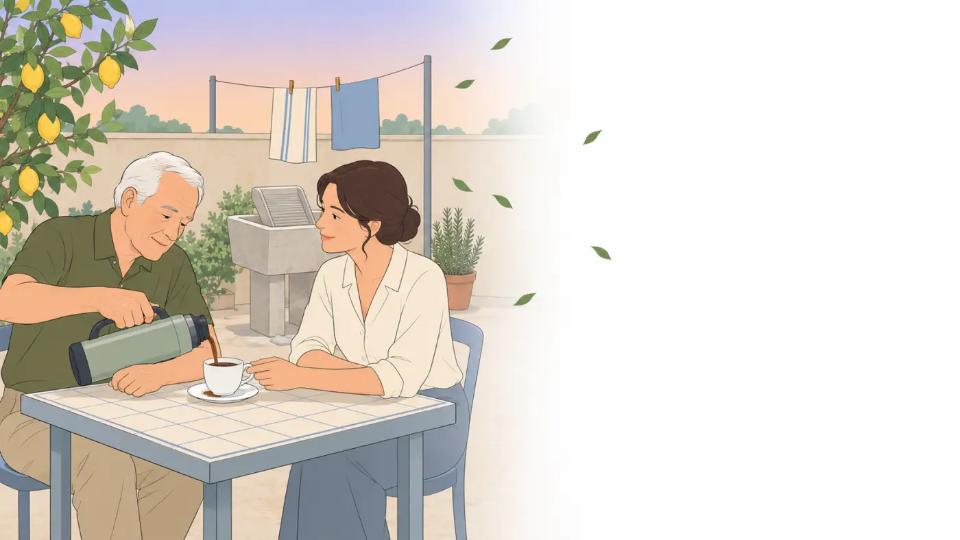 Ilustração de mão idosa levando uma xícara de café ao pires, com o líquido balançando na borda e a outra mão apoiada na mesa para firmar o braço