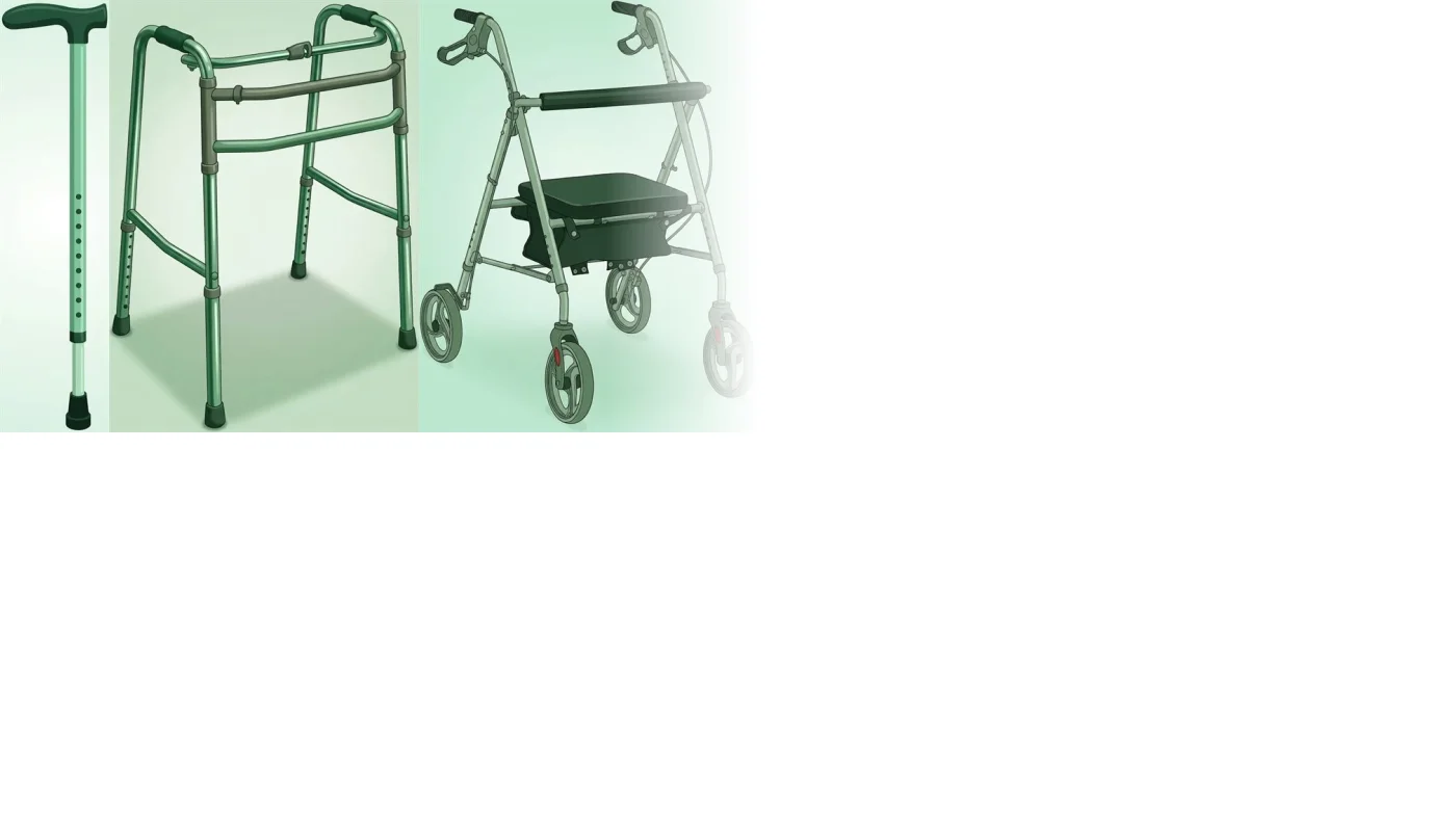 Bengala, andador fixo e rollator lado a lado