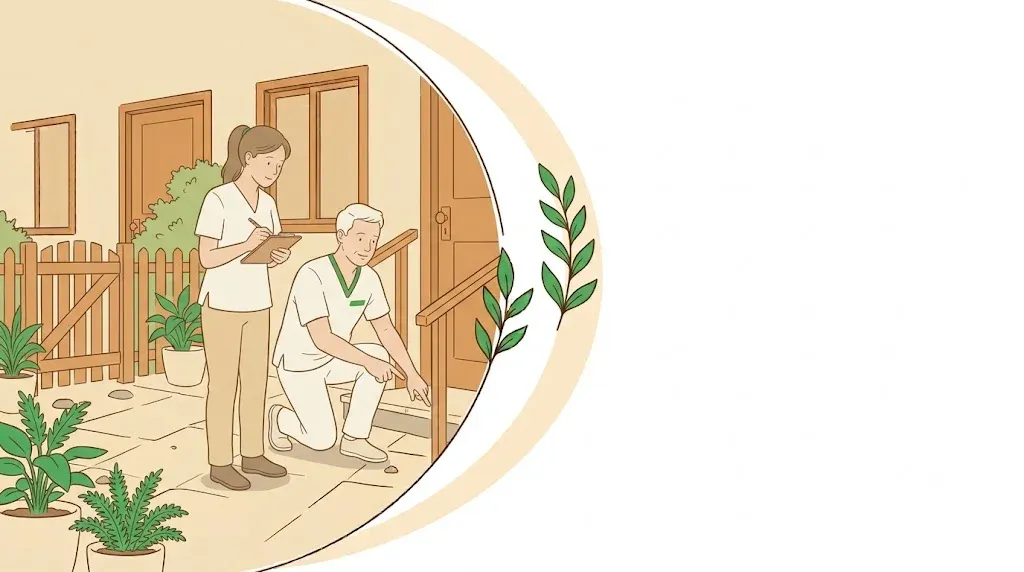Fisioterapeuta agachado apontando o degrau da entrada da casa, com outro profissional anotando na prancheta