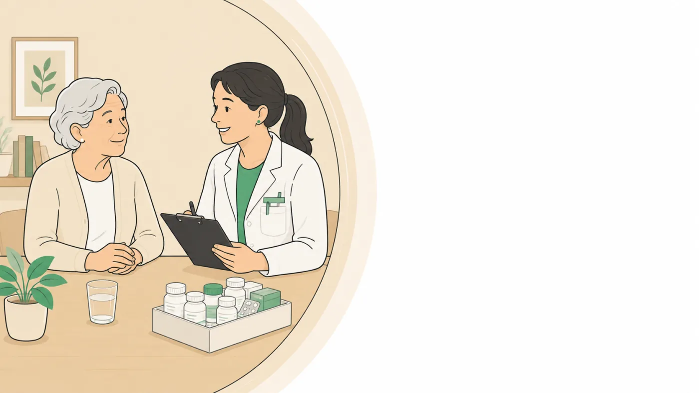 Ilustração de idosa conversando com profissional de saúde, caixa de medicamentos sobre a mesa
