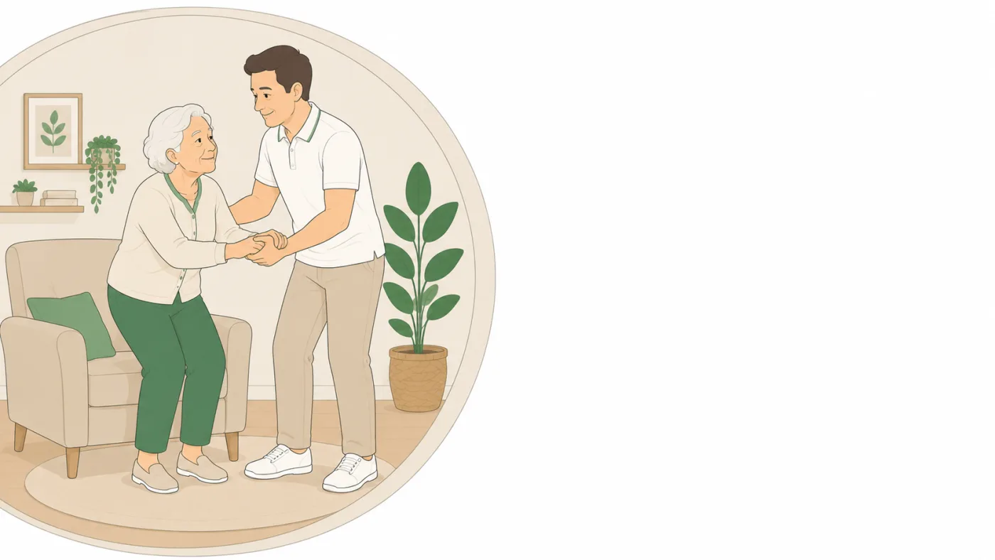 Ilustração de pessoa idosa com mobilidade reduzida em casa