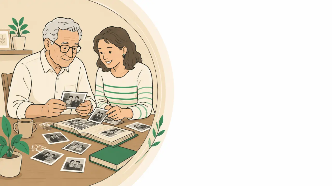 Ilustração de idoso à mesa organizando fotografias de família com um parente