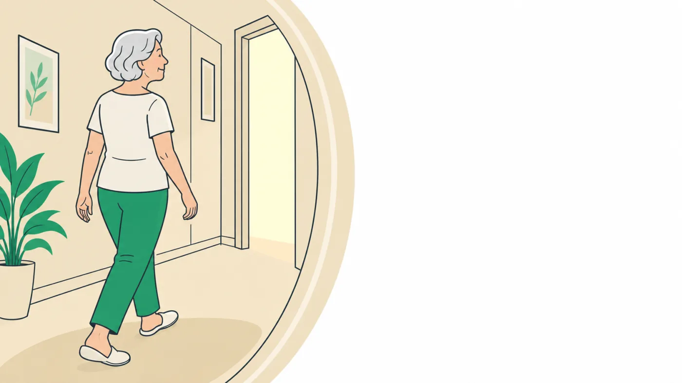 Ilustração de idosa caminhando com tranquilidade pelo corredor de casa