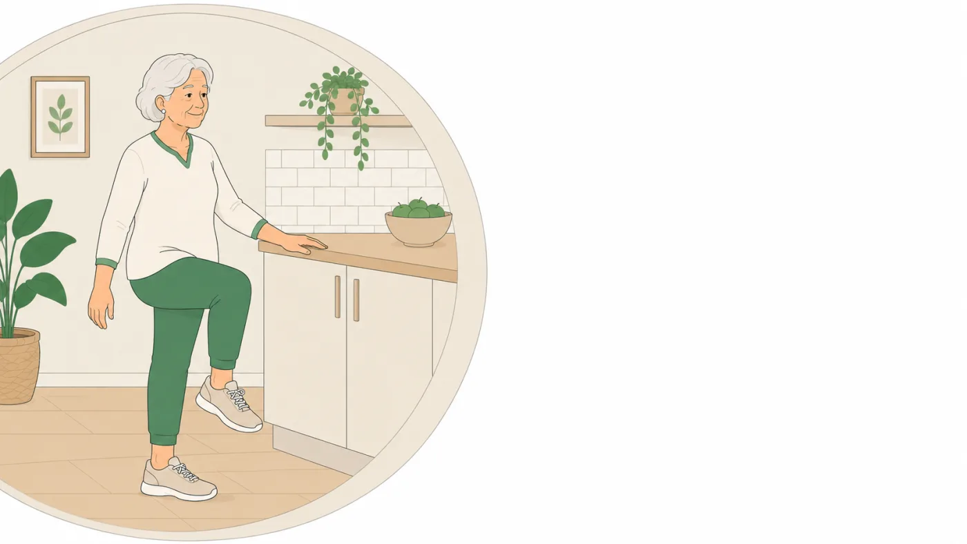 Ilustração de idosa treinando equilíbrio apoiada na bancada da cozinha
