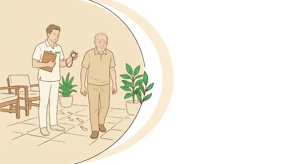 Fisioterapeuta com prancheta e cronômetro observando um homem idoso caminhar sobre pegadas marcadas no piso