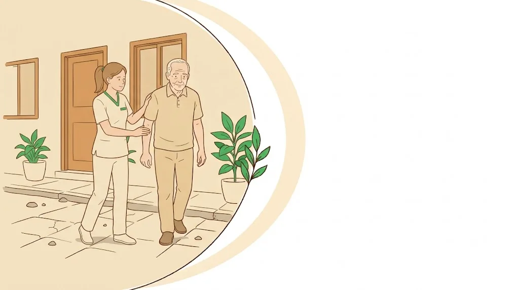 Fisioterapeuta segurando o braço de um homem idoso que caminha no piso externo da casa