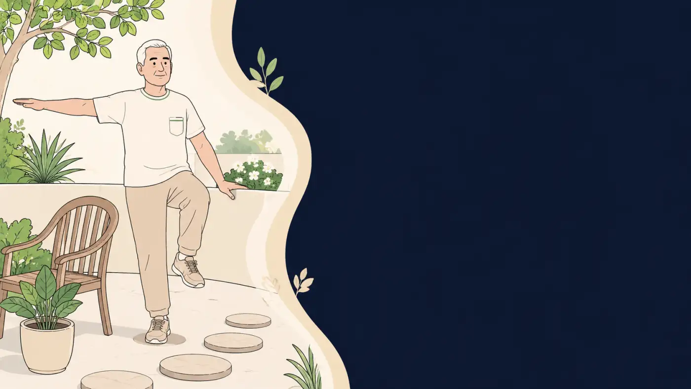 Ilustração de senhor idoso em pé sobre uma perna num terraço de jardim, com a mão apoiada no encosto de uma cadeira de madeira
