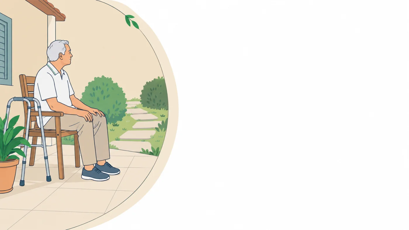 Ilustração de senhor idoso sentado numa cadeira na varanda de casa, com um andador parado ao lado sem uso e o caminho do jardim à frente