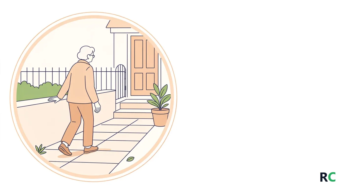 Ilustração de senhora idosa atravessando a sala de casa em passos curtos, com a mão apoiada no encosto de uma poltrona