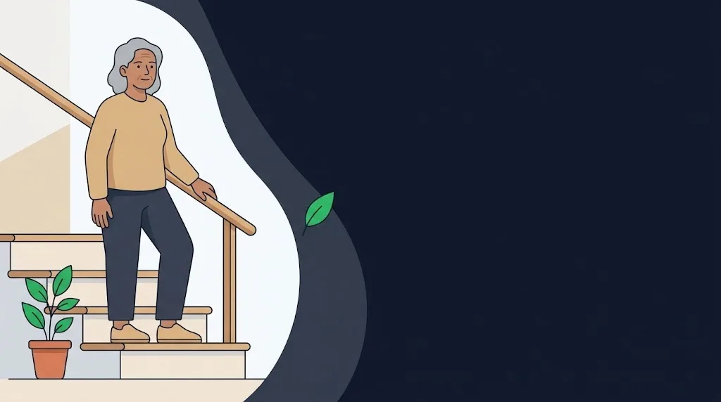 Ilustração de senhora idosa parada no topo de um degrau com a mão firme no corrimão