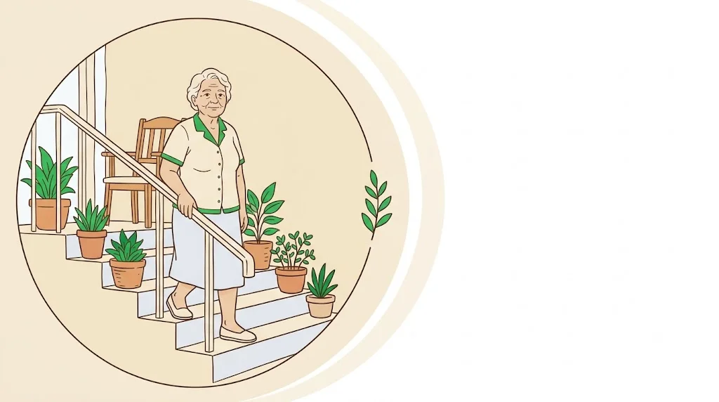 Senhora idosa descendo a escada segurando o corrimão, com vasos de plantas ocupando os degraus