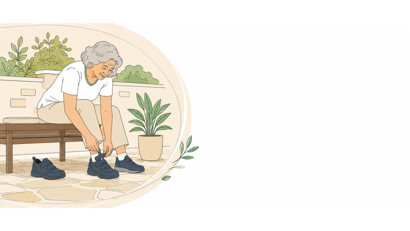 Ilustração de senhora idosa sentada em banco de jardim calçando um sapato firme, com os pés apoiados no chão