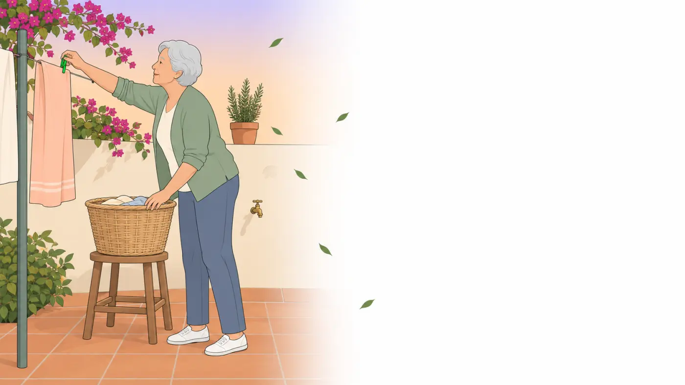 Ilustração de senhora idosa de cardigã verde em pé no quintal, com os pés firmes no piso de cerâmica, estendendo o braço para a frente para prender uma toalha no varal, com um cesto de roupa sobre um banquinho ao lado