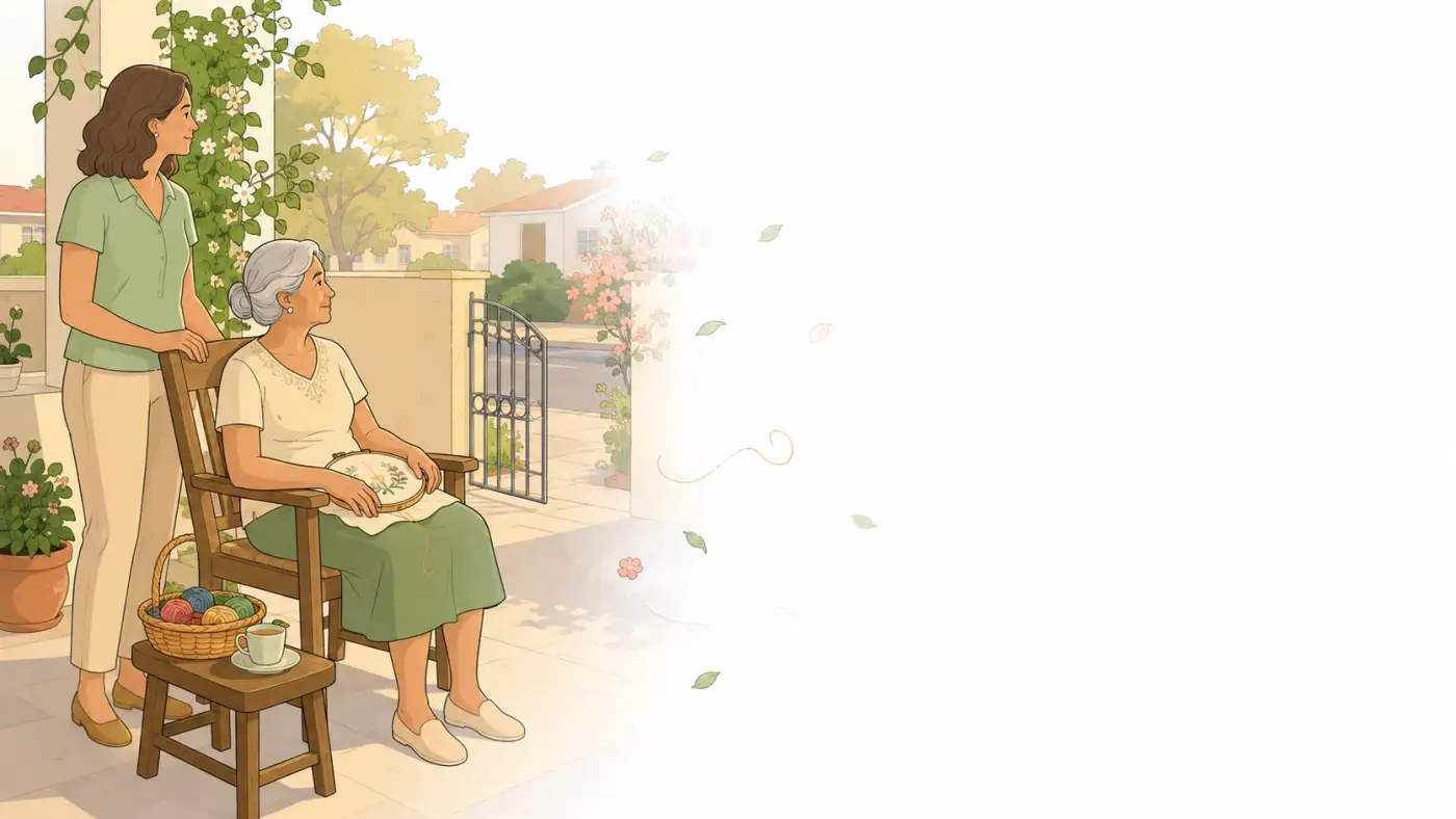 Ilustração de senhora idosa sentada na cadeira da varanda no fim da tarde, com o bordado parado no colo e o olhar voltado para o portão, enquanto a filha, em pé ao lado, apoia a mão no encosto