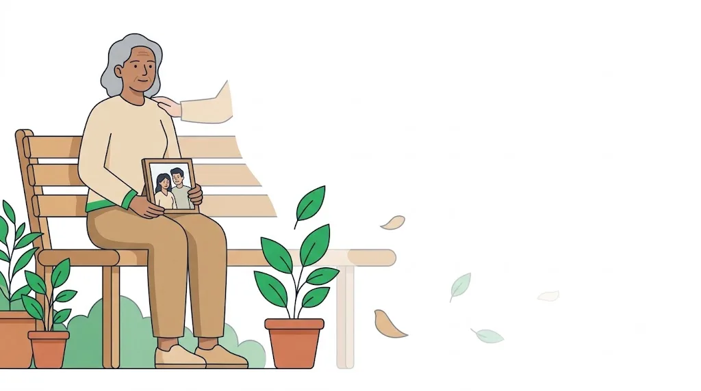 Senhora idosa sentada em um banco segurando um porta-retratos, com a mão de alguém apoiada em seu ombro