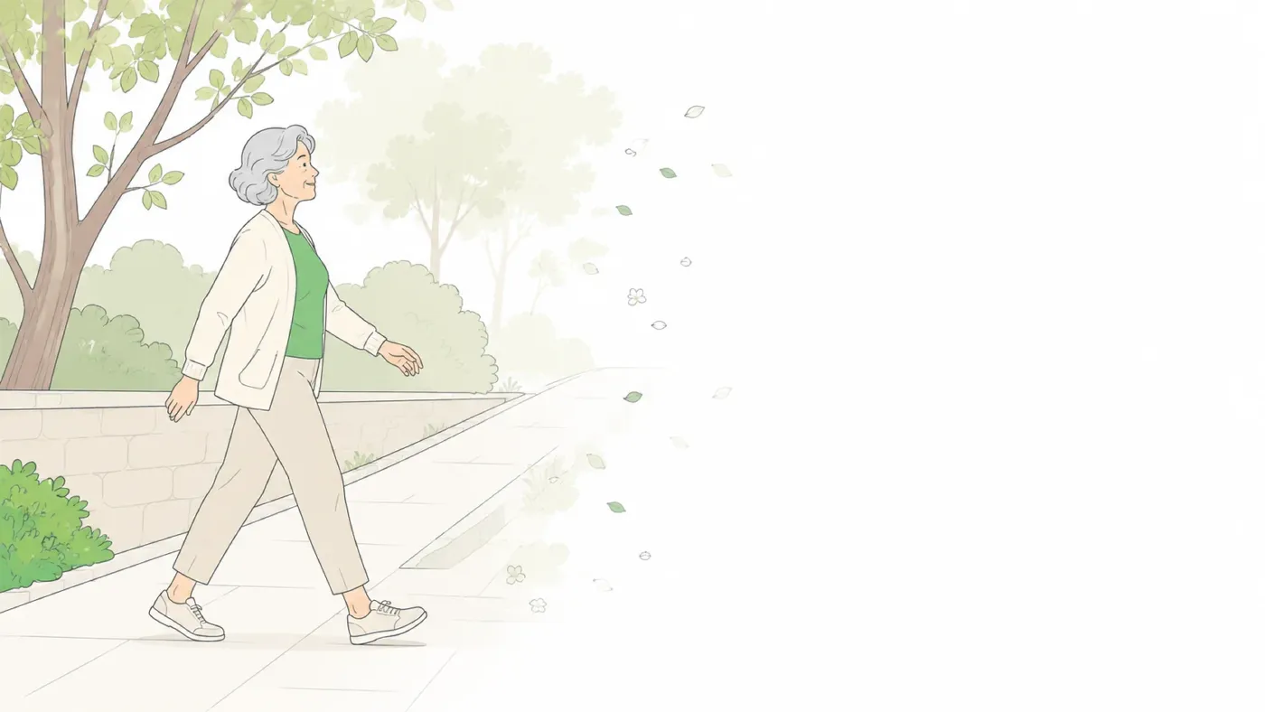 Ilustração de senhora idosa caminhando por uma calçada arborizada ao amanhecer