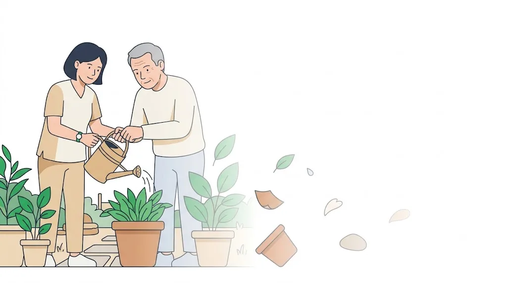 Profissional e homem idoso segurando juntos o mesmo regador para molhar um vaso de plantas