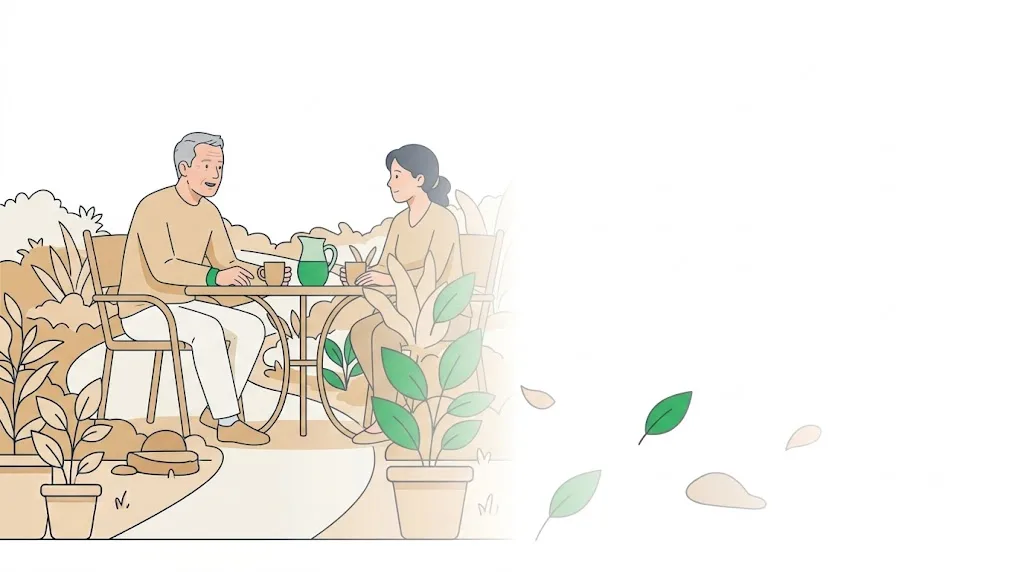 Homem idoso conversando com uma mulher à mesa do jardim, os dois com xícaras nas mãos